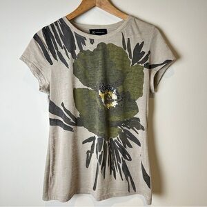 Y2K Floral Print Beige T-Shirt with Sequins Embellishment
